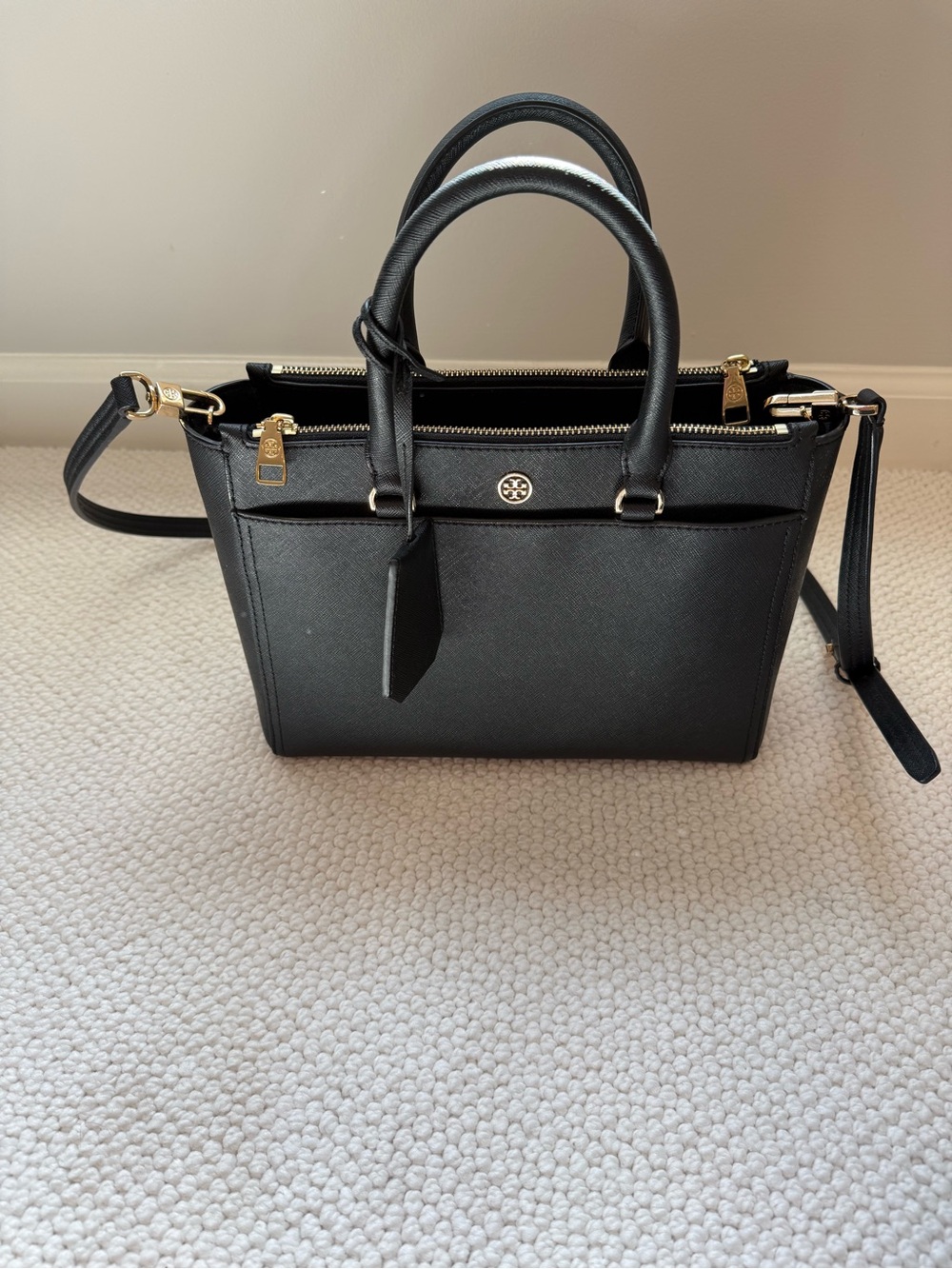 Excellent condition Tory Burch Black Leather Satchel with Gold Hardware